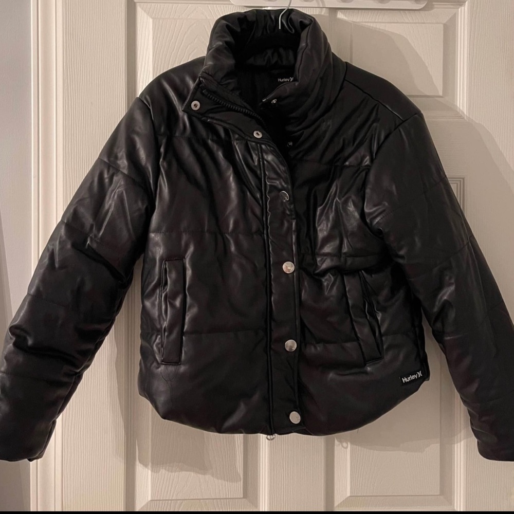 Black faux leather puffer